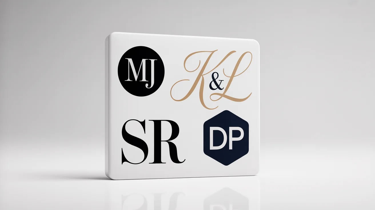 A collection of professionally designed initials icons, including 'MJ', 'K&L', and 'SR', showcasing various modern styles and colors on a clean white background, representing custom logo creation.