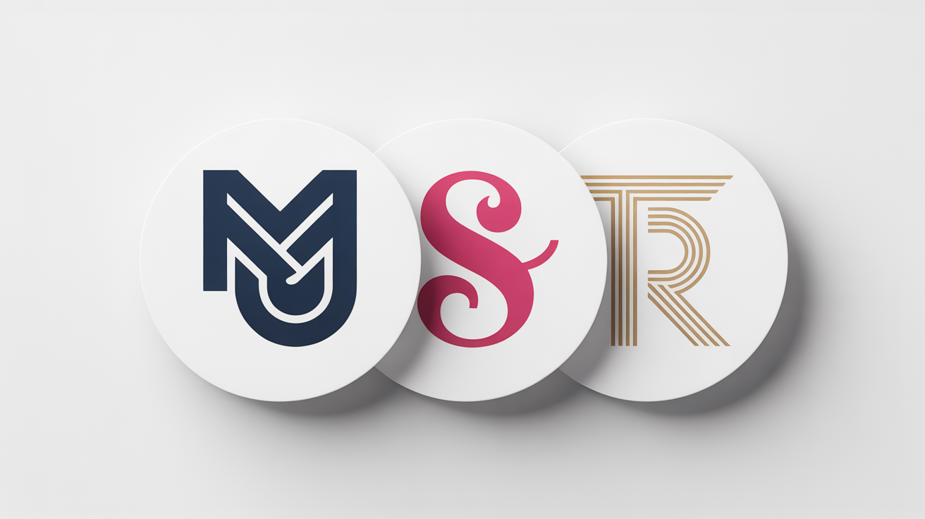 Three modern initials icons ('MJ', 'S', 'TR') displayed side-by-side on a white background, each with a unique font and color scheme.