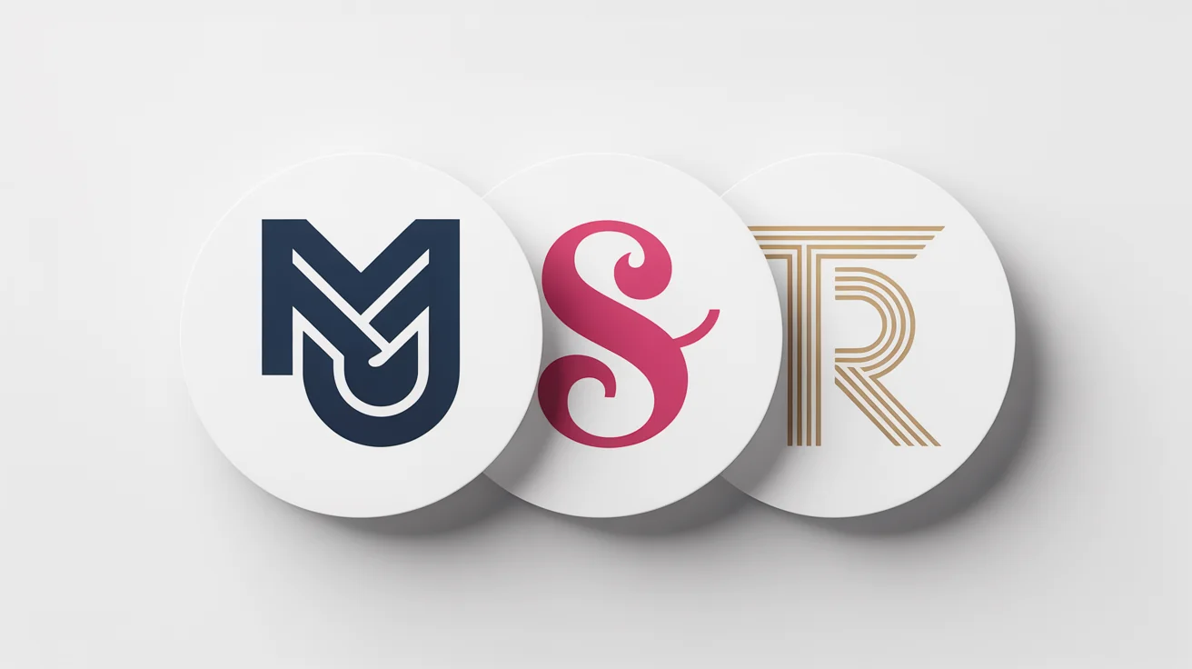 Three modern initials icons ('MJ', 'S', 'TR') displayed side-by-side on a white background, each with a unique font and color scheme.