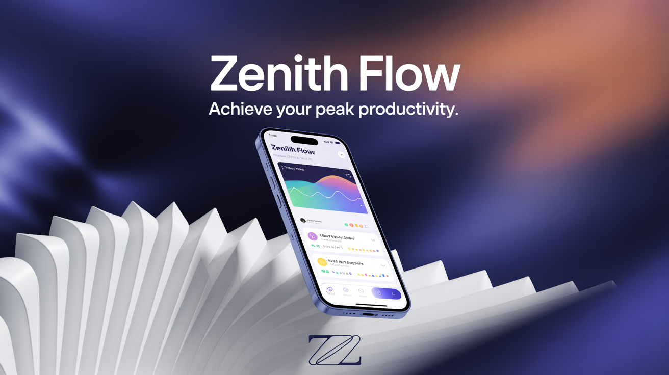 A polished feature graphic for a productivity app called "Zenith Flow". A smartphone mockup shows the app's interface against a dynamic blue and purple background, with the app's name and tagline prominently featured in a modern font.