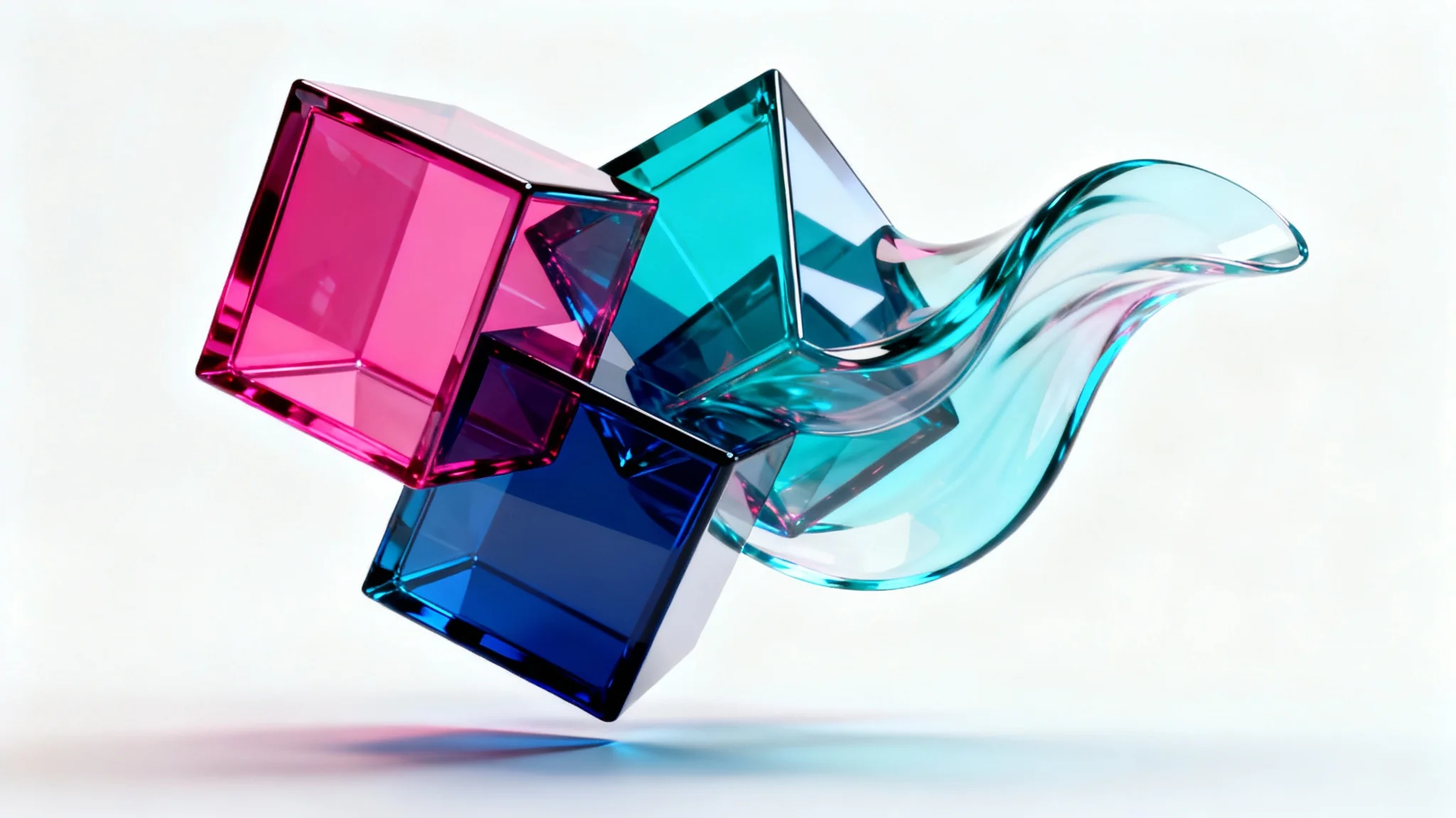A modern and abstract feature graphic showing vibrant, interlocking 3D shapes in blue, cyan, and magenta, floating against a clean white background.