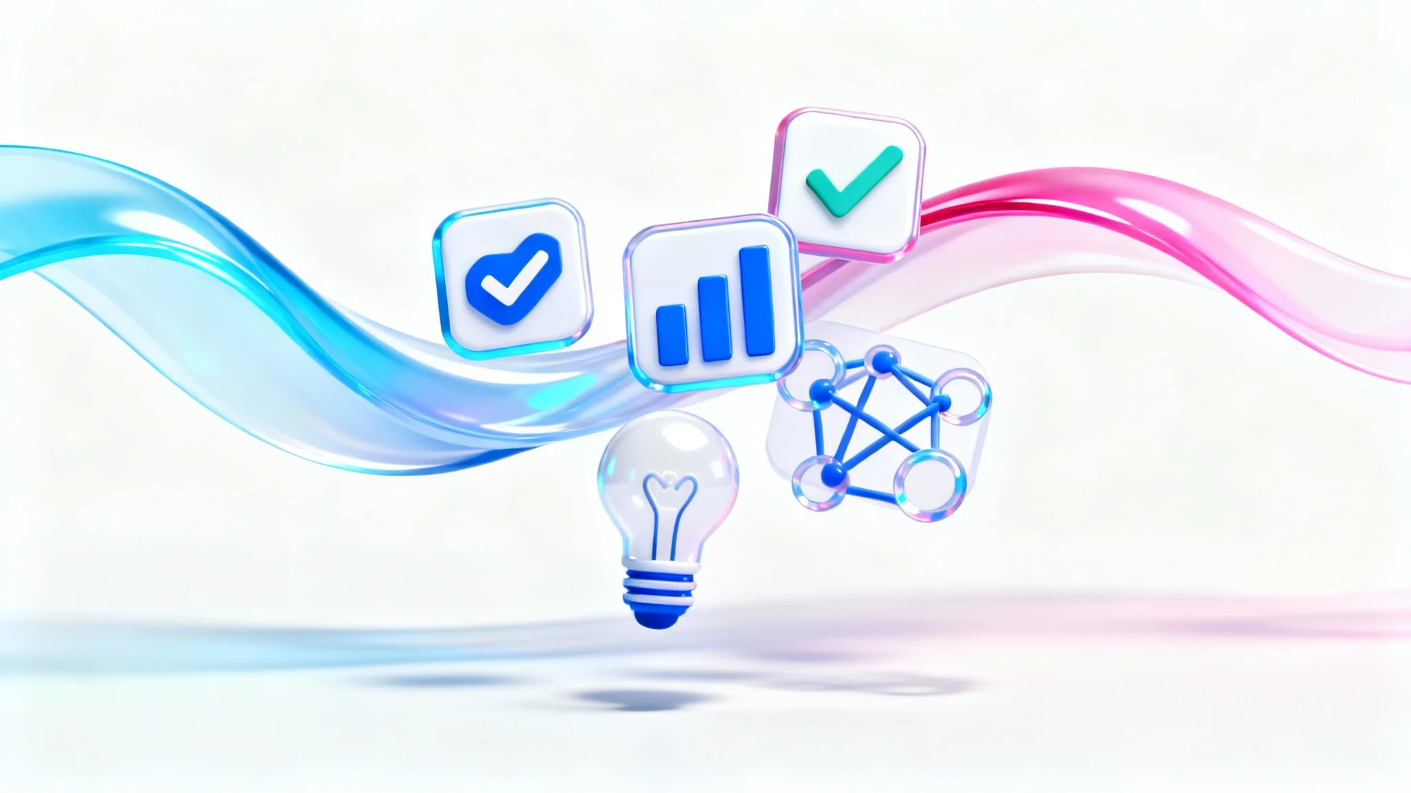 A professional feature graphic for a tech product, displaying glossy 3D icons for productivity floating against a clean white background with a vibrant, abstract color wave.