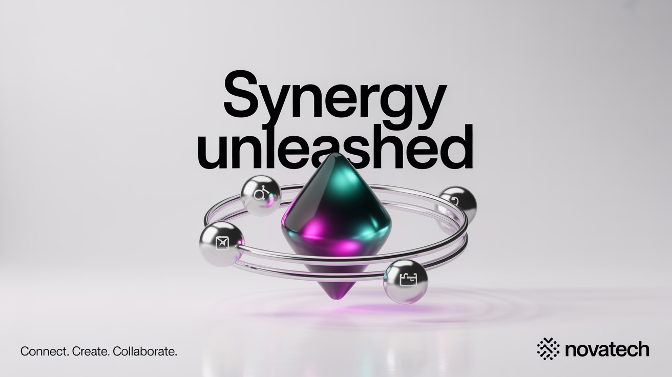 A 3D feature graphic on a white background, showing a glowing geometric crystal at the center with the words 'Synergy Unleashed' and 'Connect. Create. Collaborate.' integrated into the design, symbolizing innovation and features.