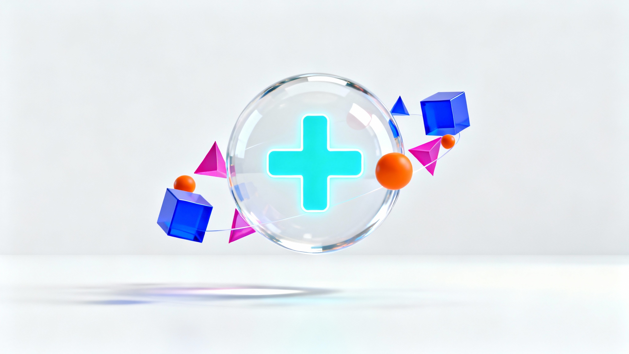 A modern 3D feature graphic on a white background, showing a central glass sphere with a glowing plus-sign inside, orbited by smaller colorful geometric shapes.
