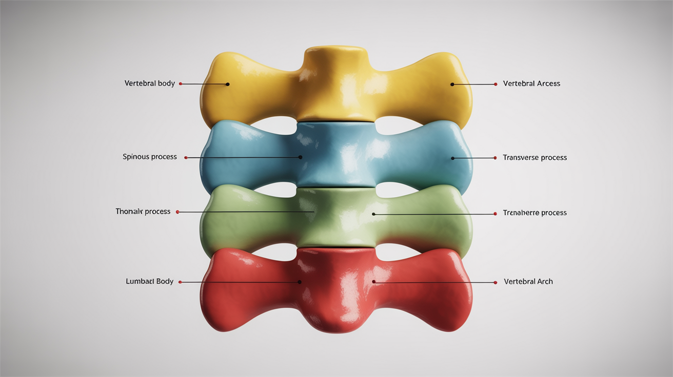 A polished and professional anatomical diagram of a human vertebra, with key parts like the vertebral body, spinous process, and transverse process color-coded and clearly labeled with modern text and leader lines against a clean white background.