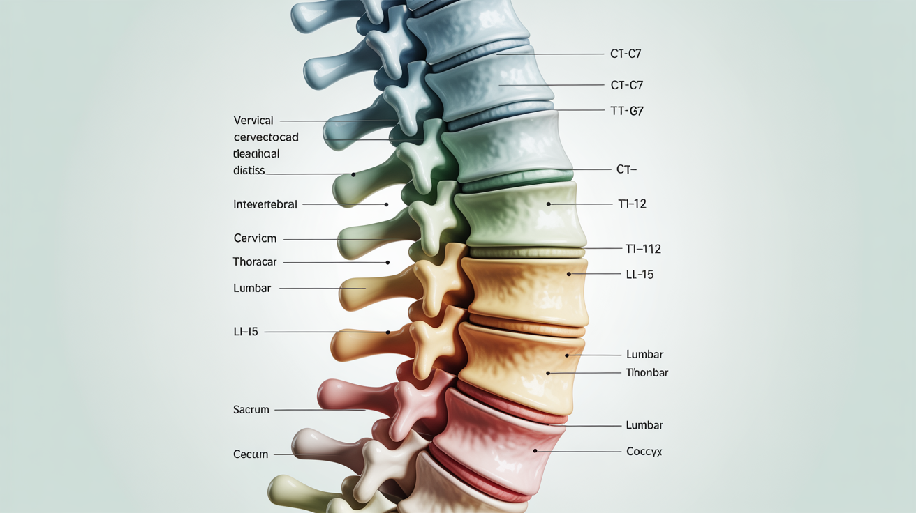 An educational diagram showing a side view of the human spine, with different sections like the cervical, thoracic, and lumbar vertebrae color-coded and clearly labeled.