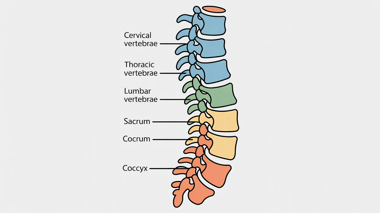 A clear, color-coded anatomical diagram of the human spine in a side view, with labels for the cervical, thoracic, and lumbar vertebrae, as well as the sacrum and coccyx, on a plain white background.