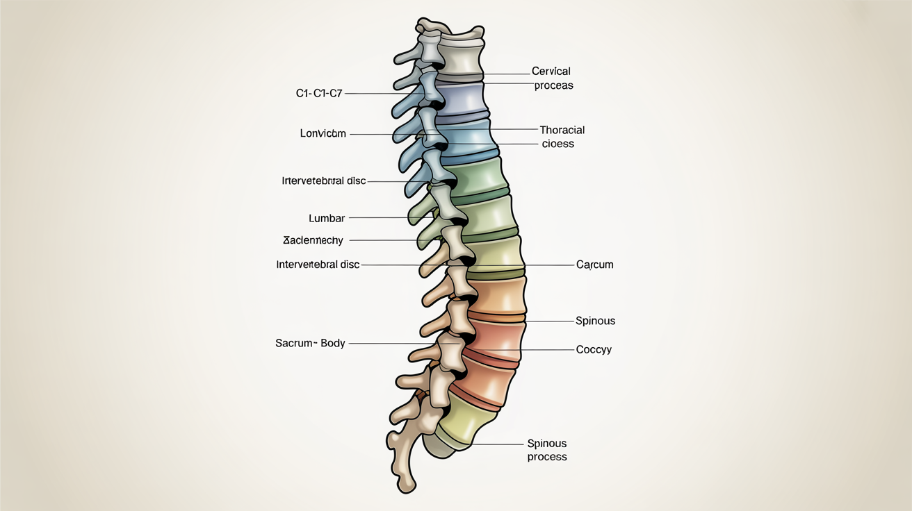 A detailed medical diagram of the human vertebral column, with different sections color-coded and labeled clearly for educational purposes, set against a white background.