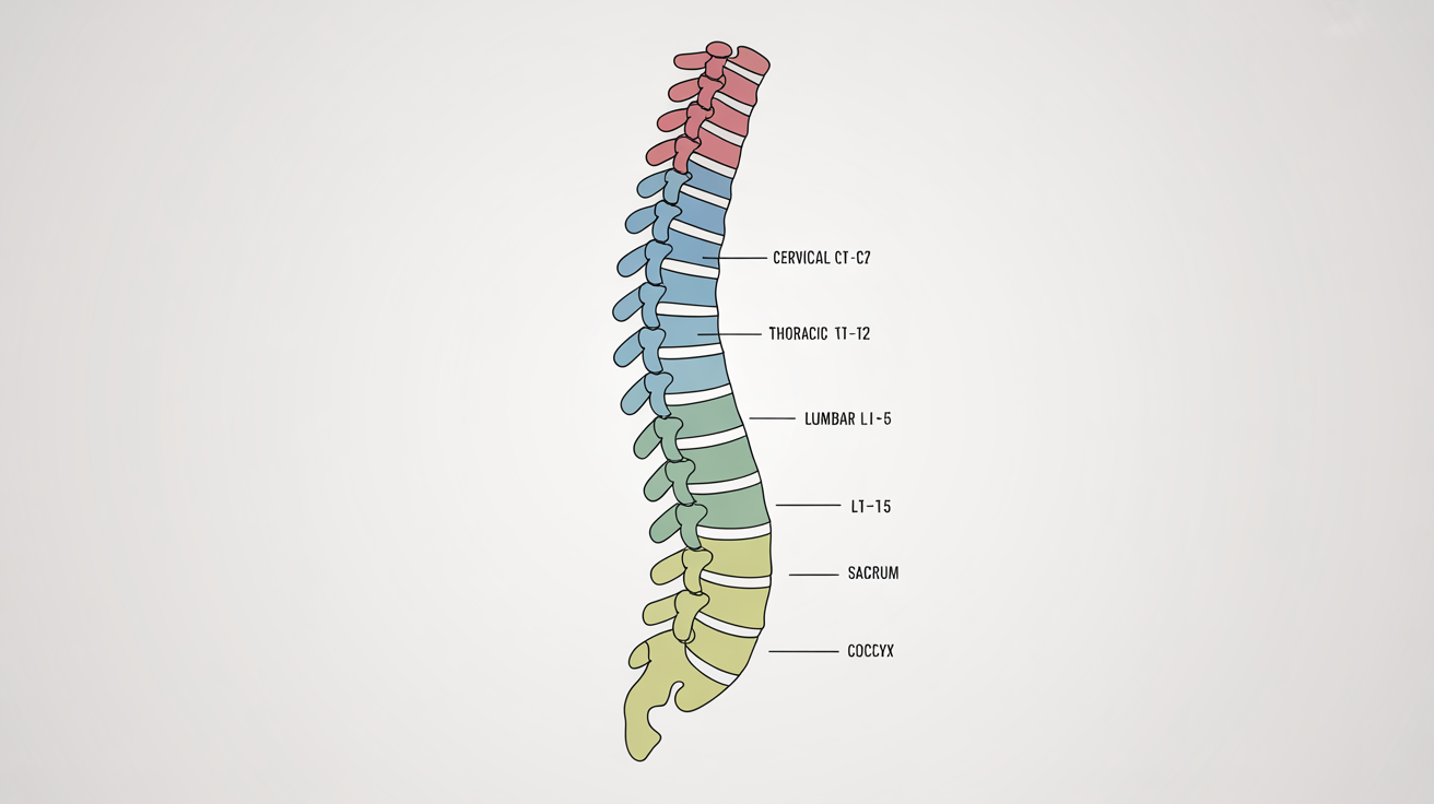 Anatomical diagram of the human spine, showing a side view with color-coded sections for the cervical, thoracic, and lumbar vertebrae, plus the sacrum and coccyx, all clearly labeled on a white background.