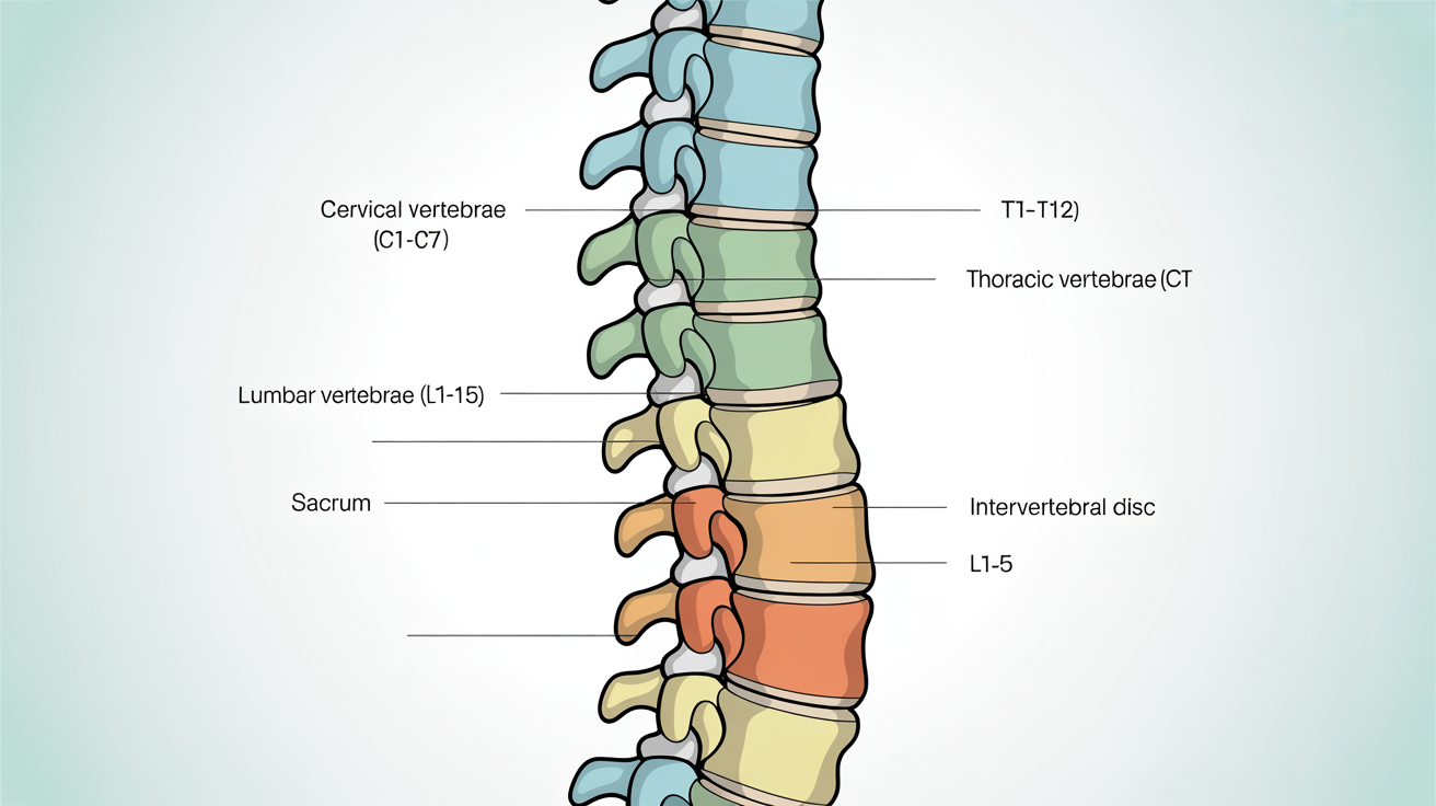A detailed anatomical diagram of the human spine from a side view, with each section, cervical, thoracic, and lumbar vertebrae, color-coded and clearly labeled.