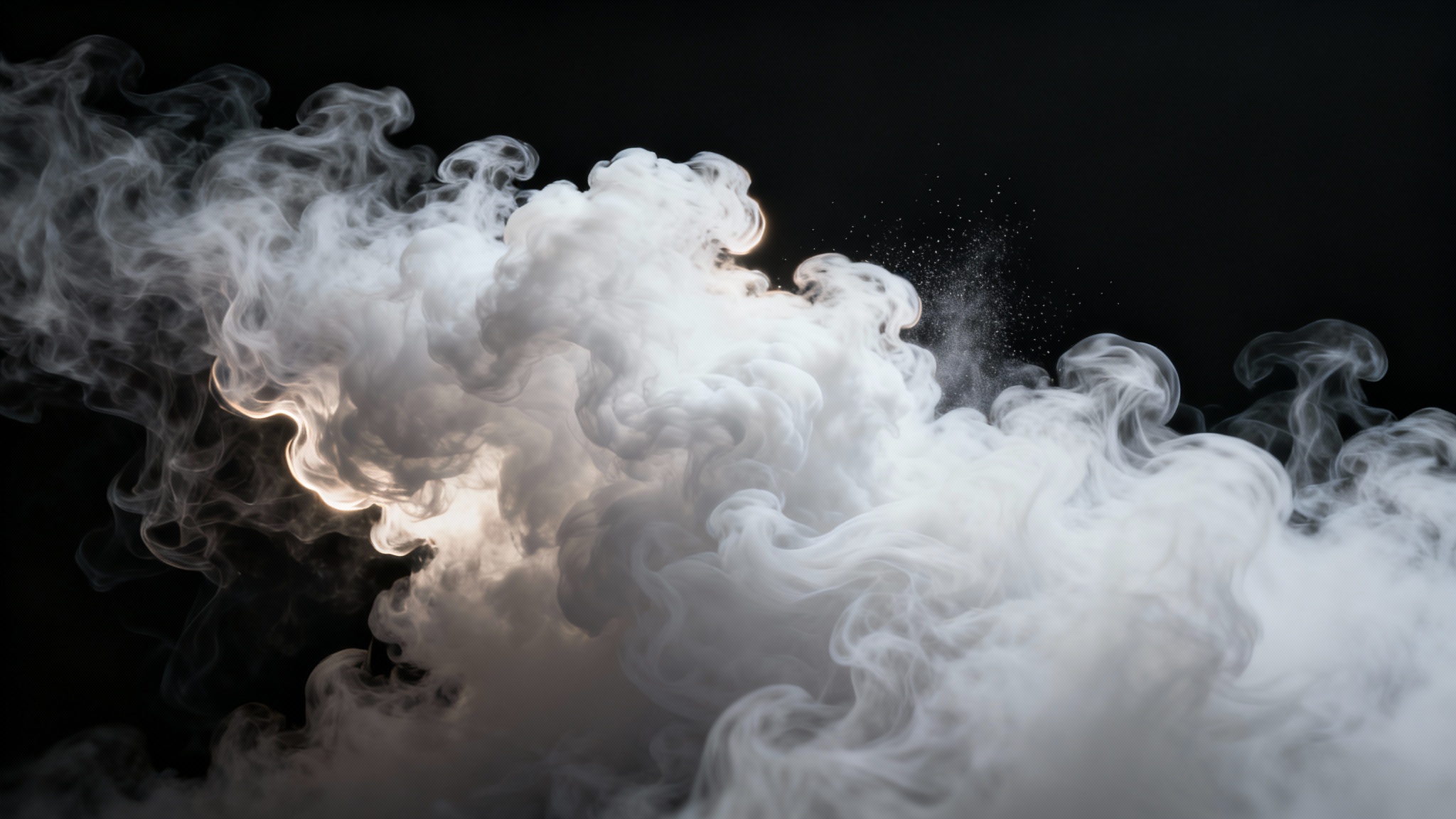 A dramatic, high-resolution image of a thick plume of white smoke swirling gracefully against a solid black background, illuminated to show its texture.