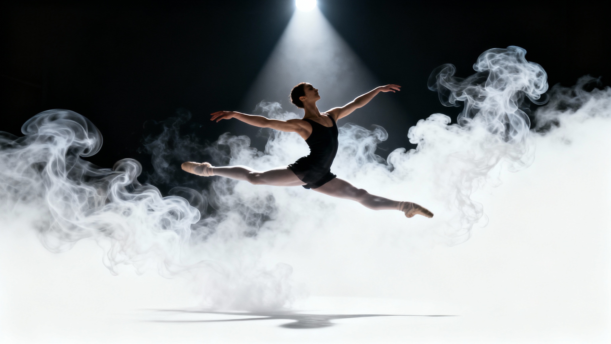 A photorealistic image of a ballet dancer leaping, surrounded by elegant swirls of white smoke, demonstrating a smoke overlay effect.