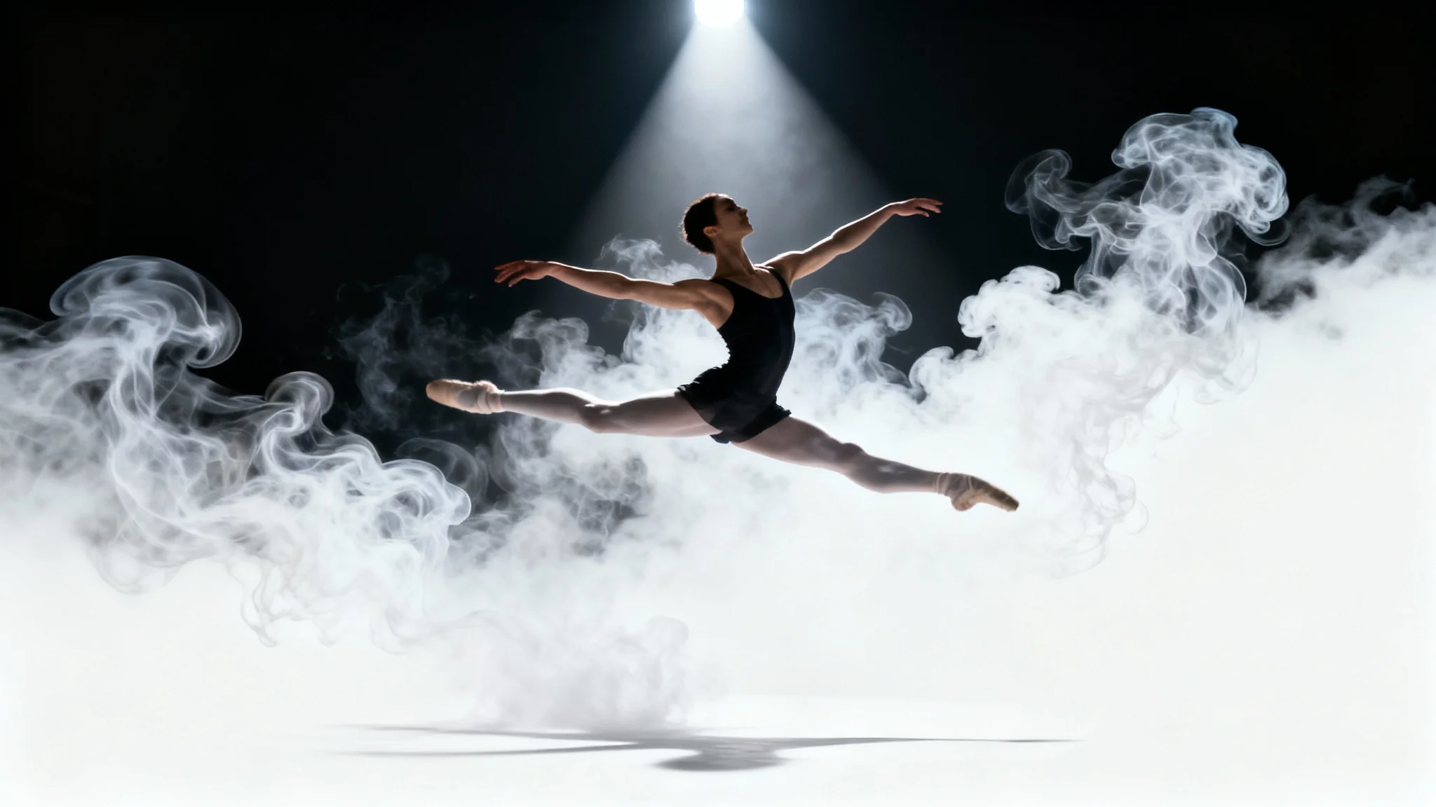 A photorealistic image of a ballet dancer leaping, surrounded by elegant swirls of white smoke, demonstrating a smoke overlay effect.