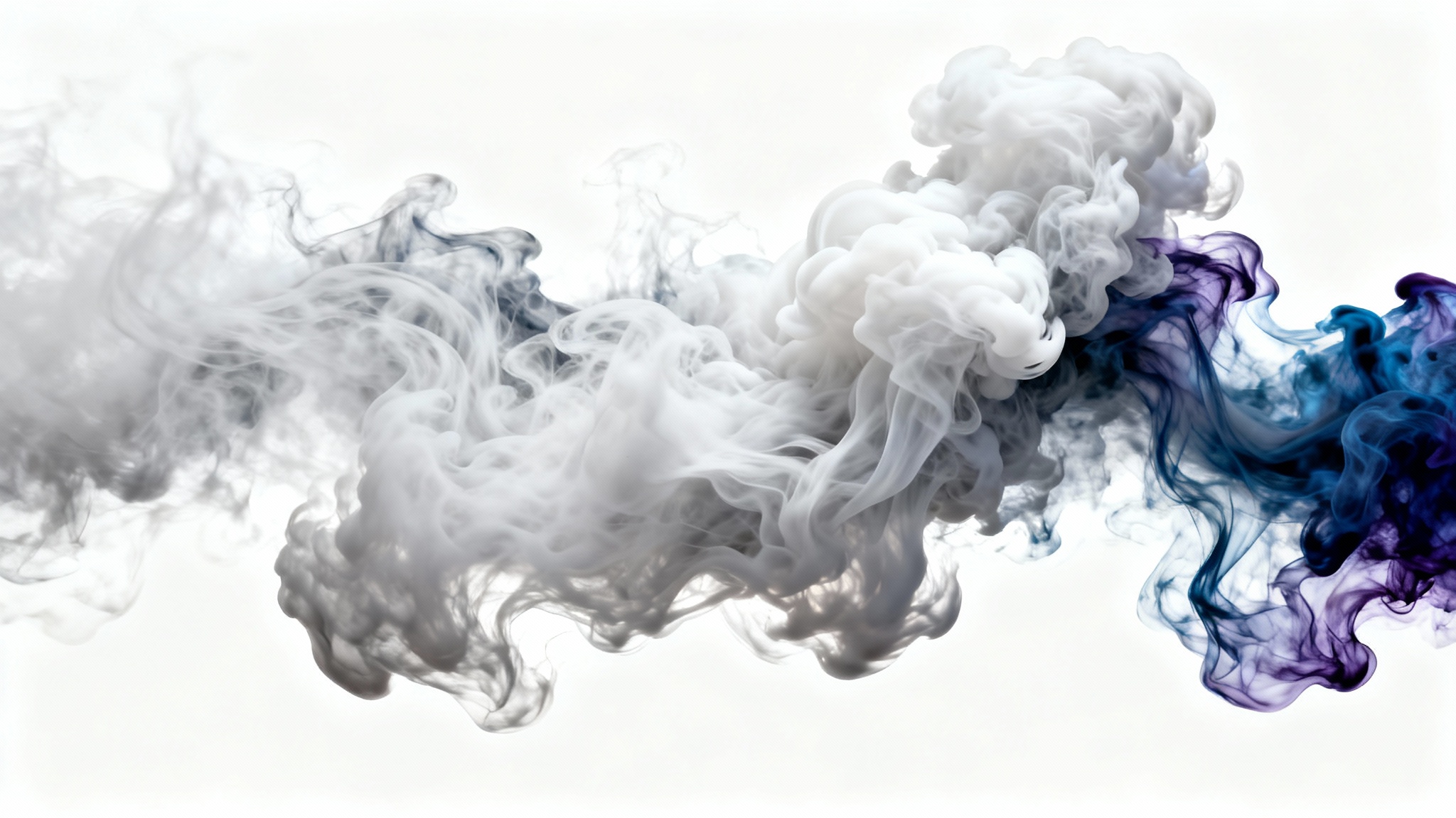 A dramatic swirl of thick, colorful smoke billows across a clean white background, representing a cinematic smoke overlay effect.