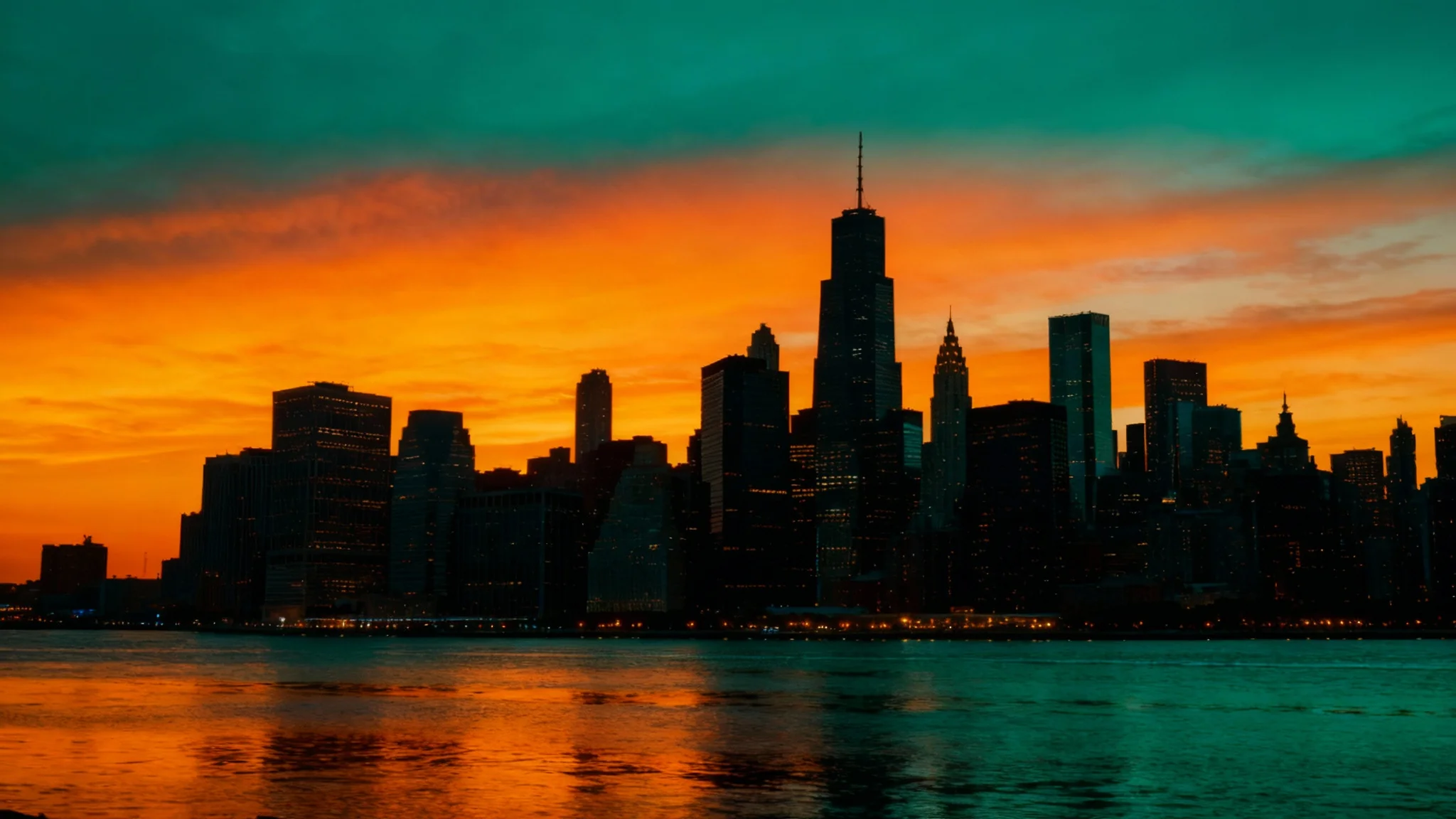 A professionally color-graded image of a city skyline at sunset. The scene has a cinematic teal and orange look, with cool blue tones in the shadows and water, and a warm, vibrant orange sky.