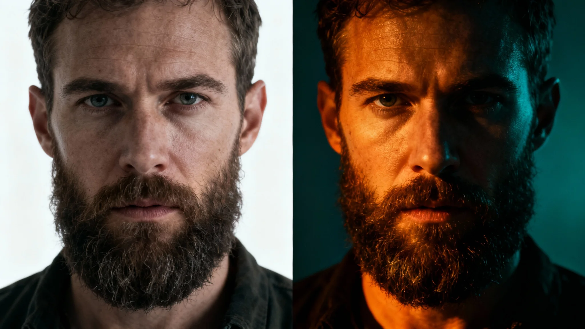 A split-screen image comparing a man's portrait before and after a cinematic color grade. The 'before' side is flat and desaturated, while the 'after' side is high-contrast with dramatic teal and orange tones.