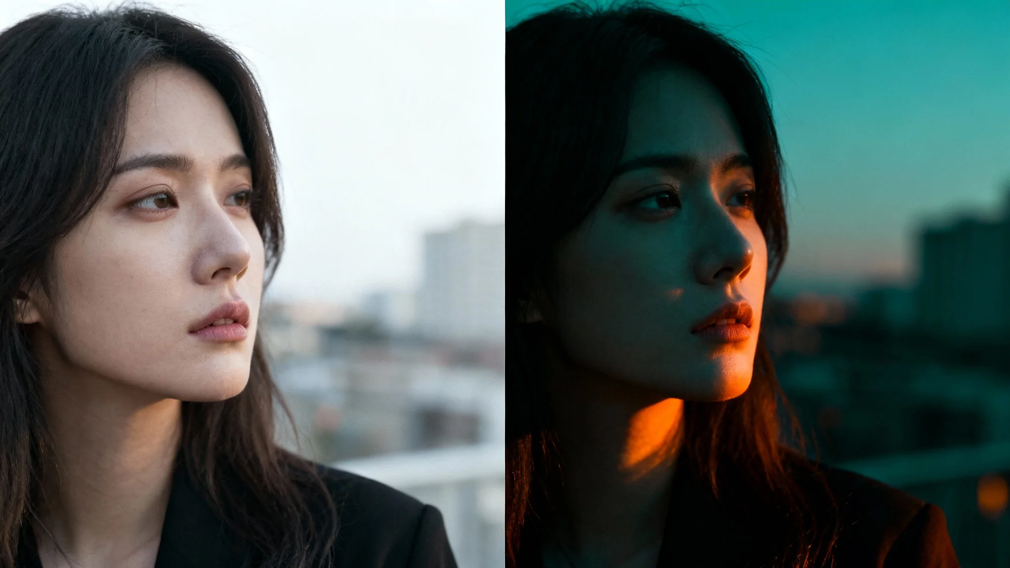 A before-and-after split-screen image demonstrating cinematic color grading on a woman's portrait, transforming a flat image into a dramatic, high-contrast scene with a teal and orange color palette.