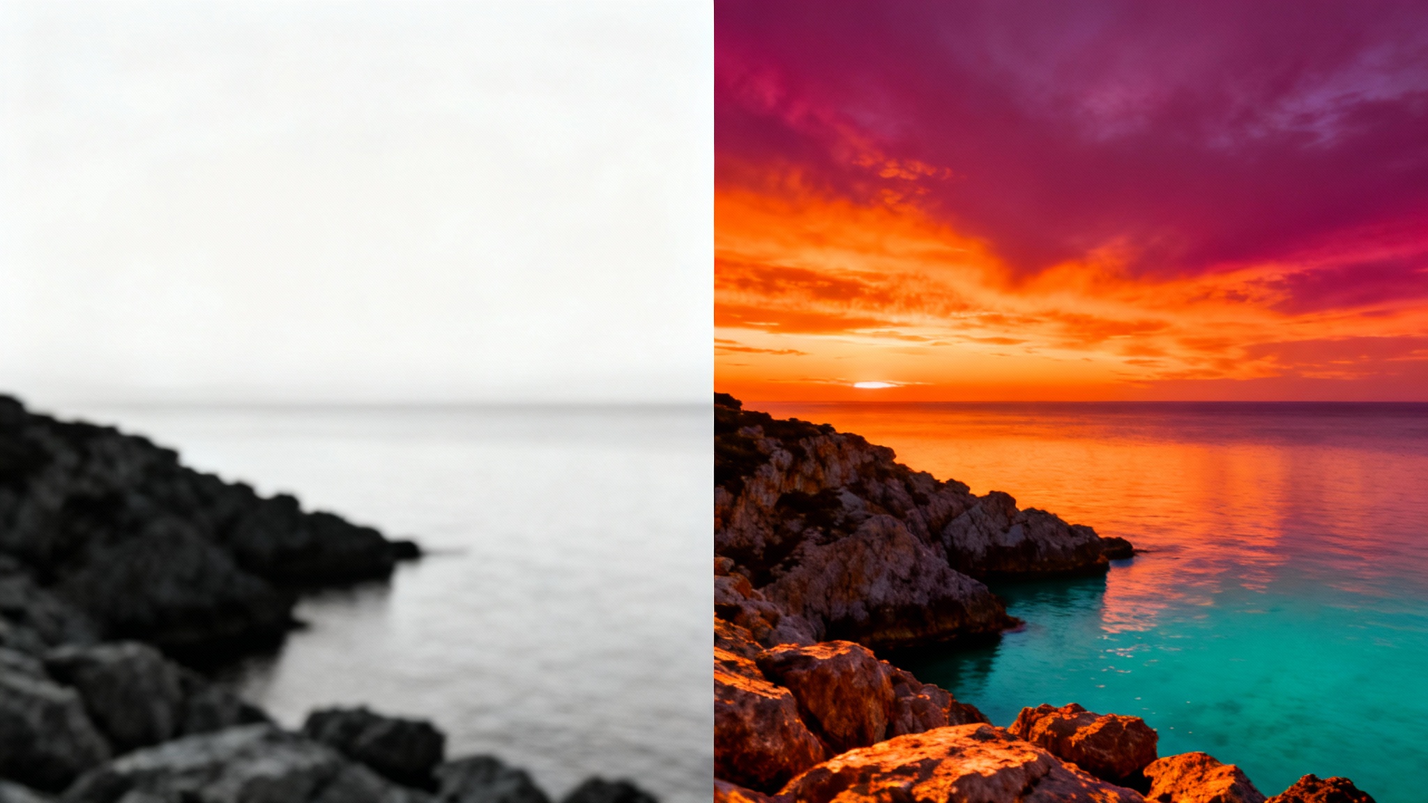 A before-and-after split-screen image showing a coastal sunset. The 'before' side has flat, dull colors. The 'after' side is transformed with a vibrant, cinematic color grade, featuring a fiery orange sky and teal water.