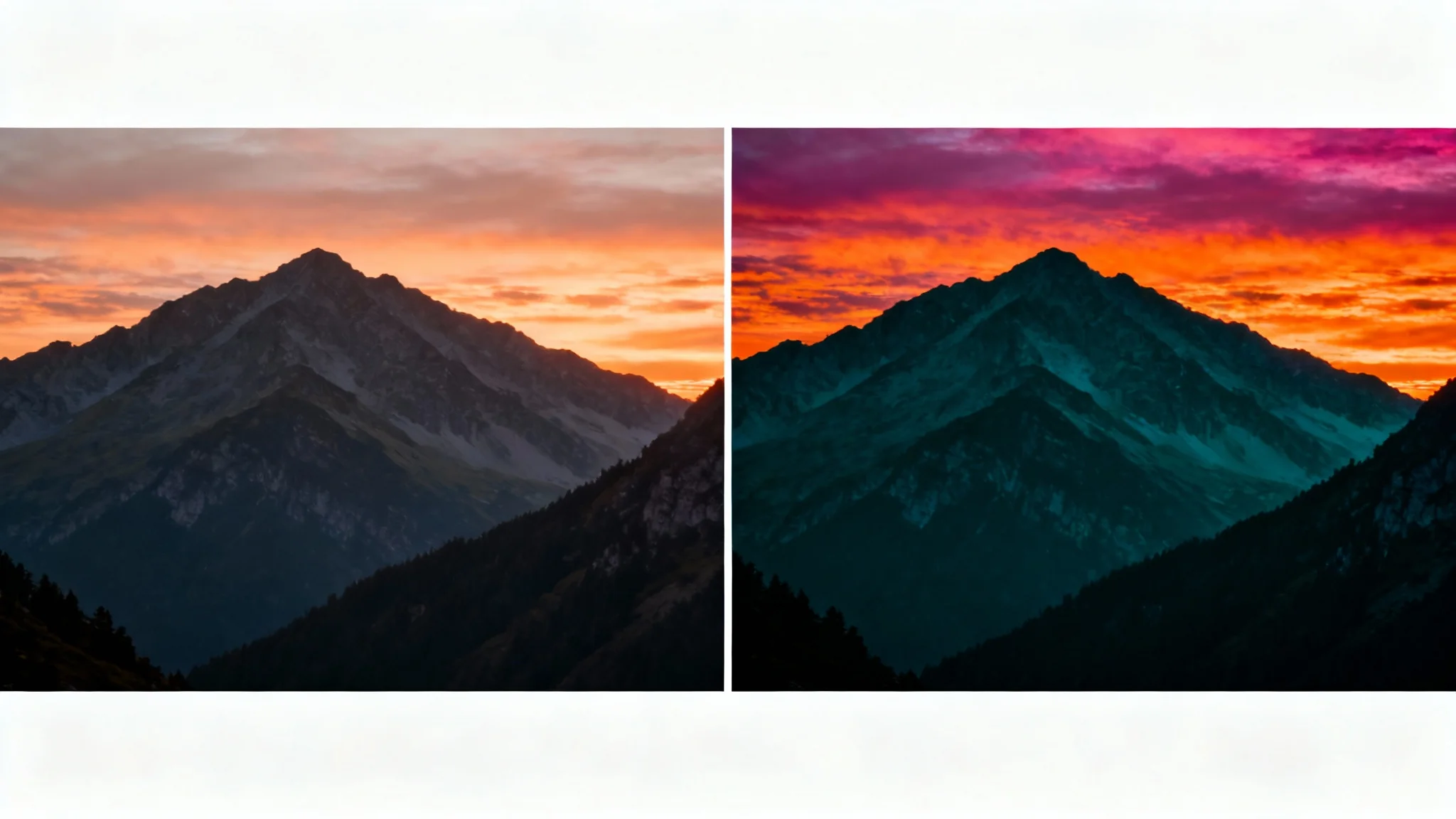 A before-and-after image demonstrating a cinematic color grade on a mountain landscape photo. The 'after' side shows vibrant, film-like colors compared to the standard 'before' side.