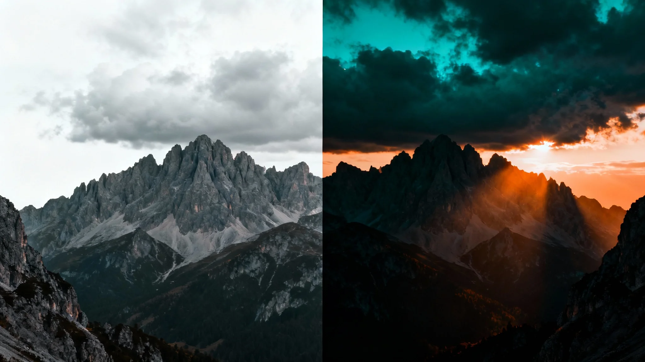 A split image demonstrating cinematic color grading on a mountain landscape. The left half shows the scene with natural, flat colors, while the right half is transformed with a dramatic teal and orange, high-contrast cinematic look, all against a white background.