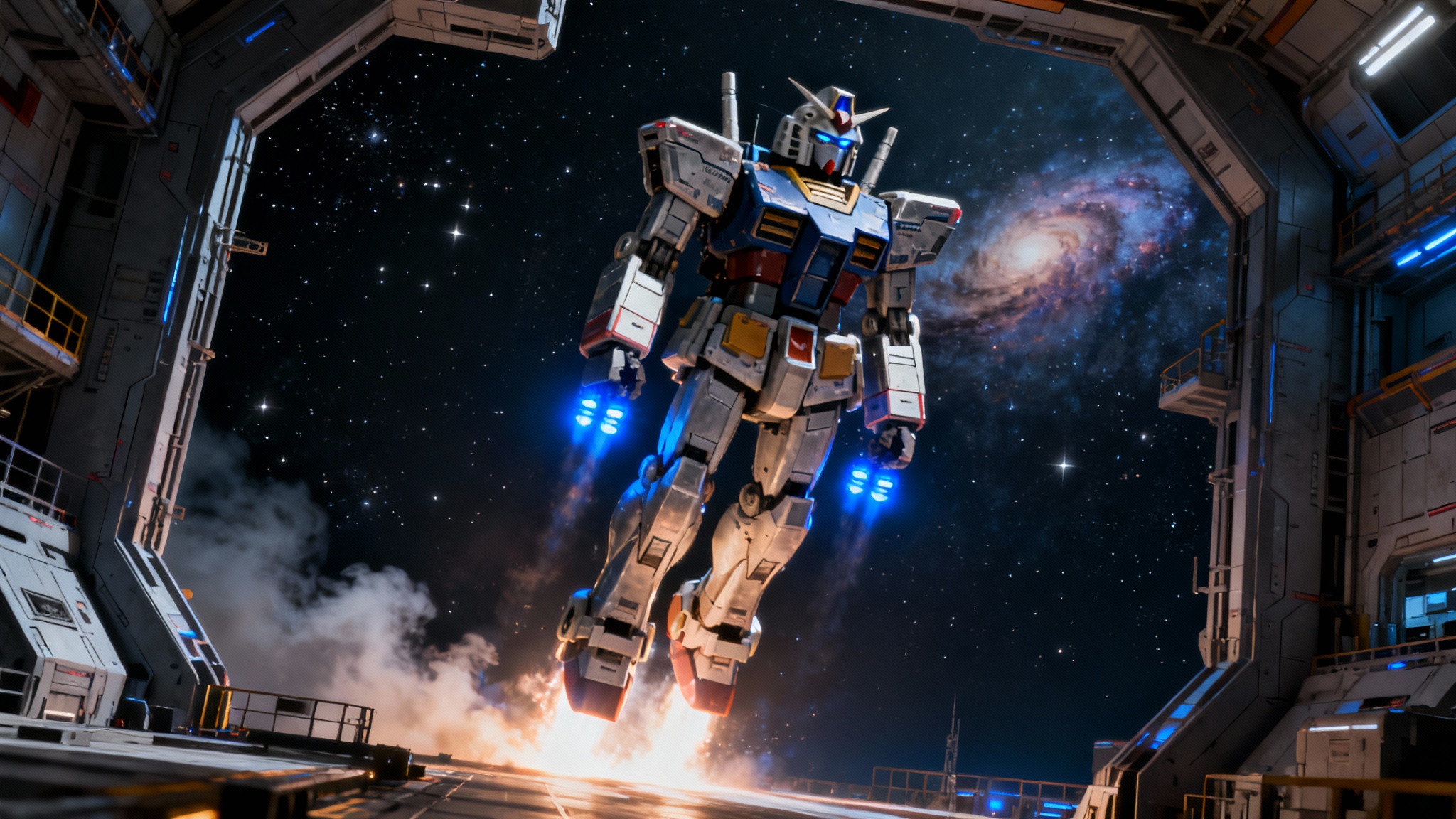 An incredibly detailed Gundam-style robot is shown in a dynamic pose, launching out of a futuristic space station hangar into starry space.
