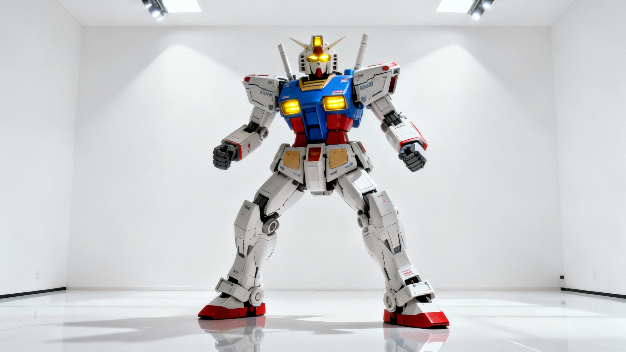 A hyper-realistic, full-body image of a white, blue, and red Gundam-style robot in a heroic pose on a reflective white floor against a plain white background.