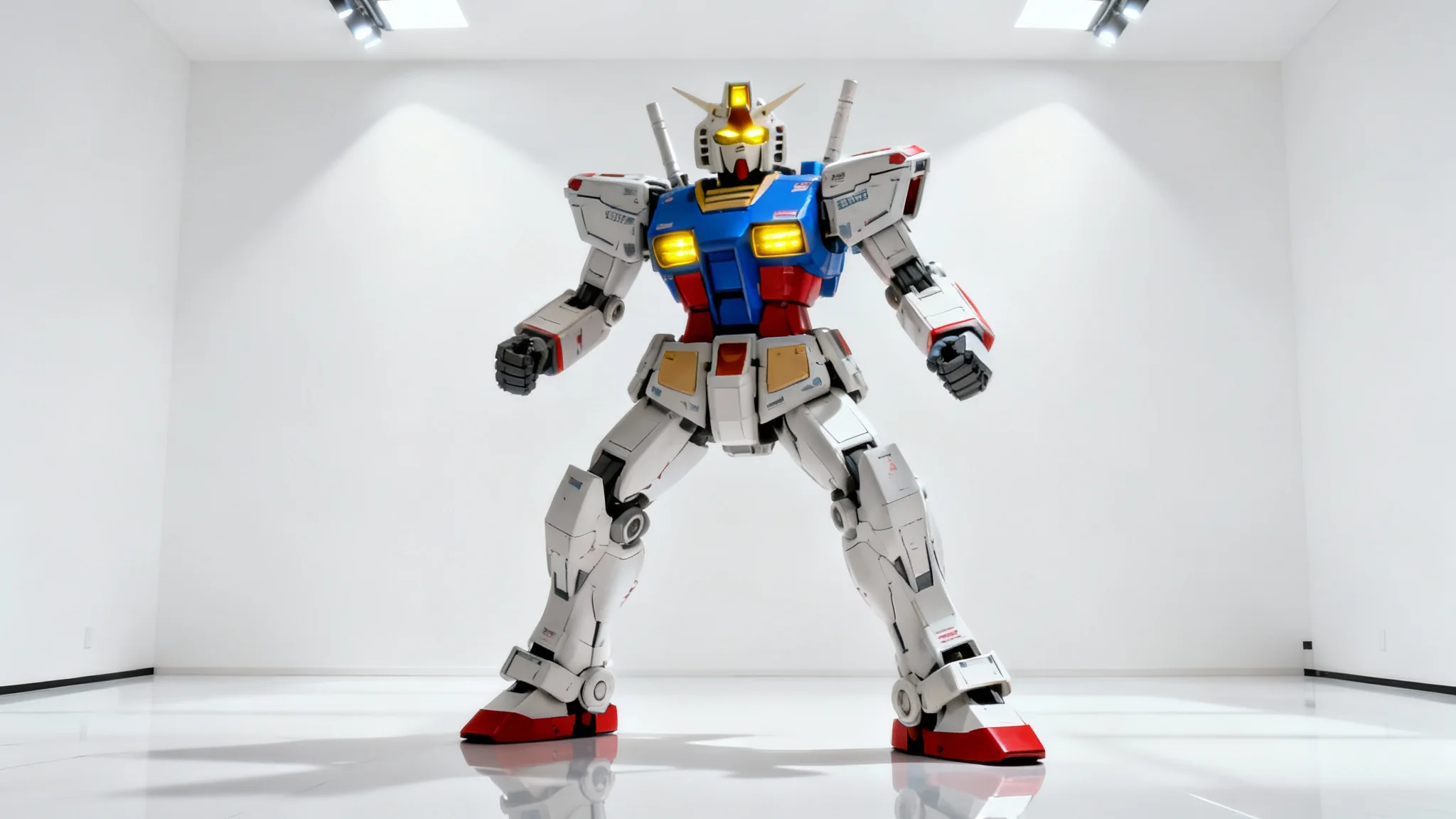 A hyper-realistic, full-body image of a white, blue, and red Gundam-style robot in a heroic pose on a reflective white floor against a plain white background.