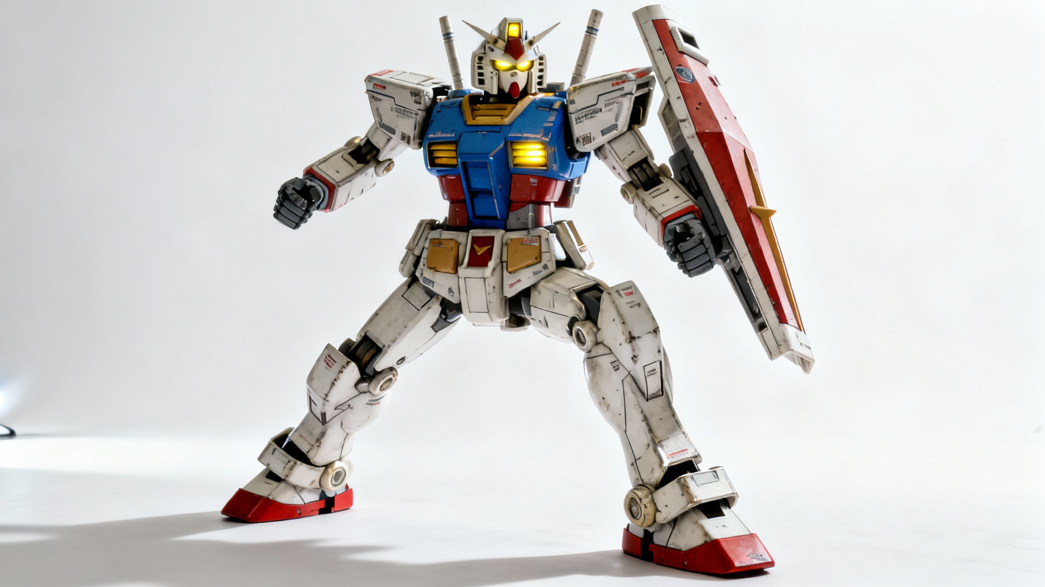 A hyper-realistic digital artwork of a classic RX-78-2 Gundam in a powerful, dynamic pose against a clean white background, showcasing its intricate details and iconic colors.