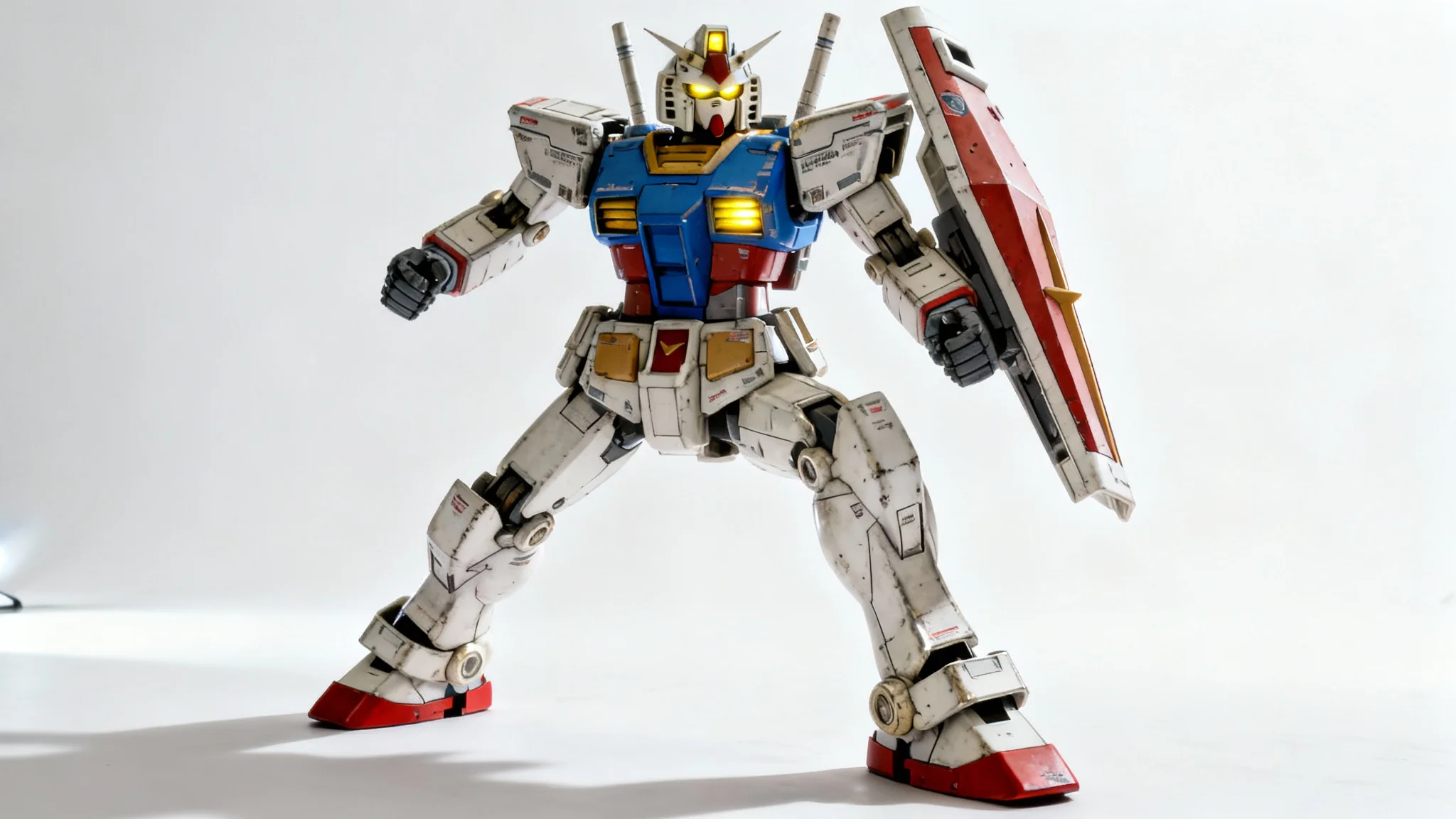A hyper-realistic digital artwork of a classic RX-78-2 Gundam in a powerful, dynamic pose against a clean white background, showcasing its intricate details and iconic colors.