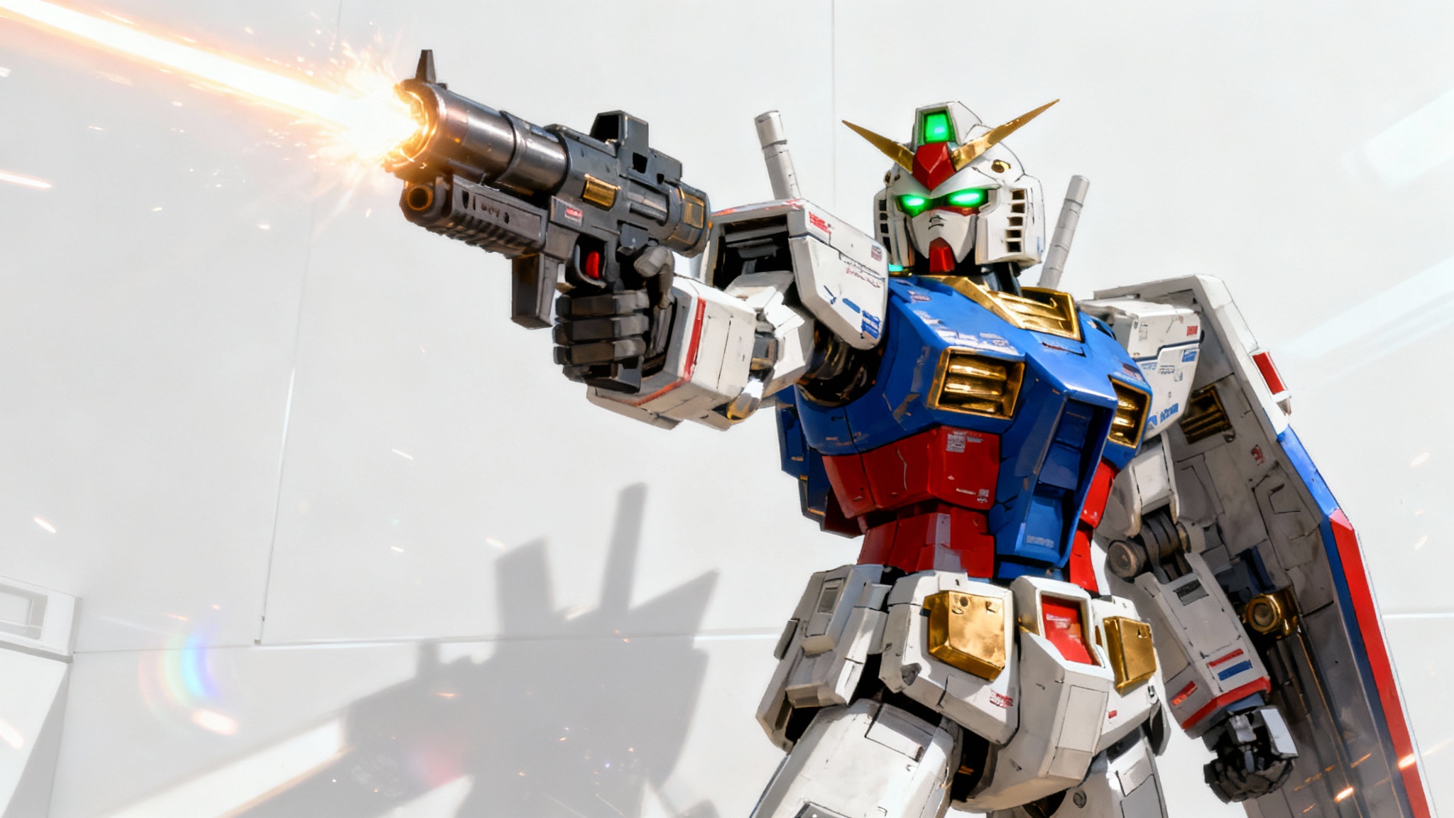 A digital illustration of a white and blue Gundam-style mecha in a heroic pose, holding a large beam rifle against a plain white background.