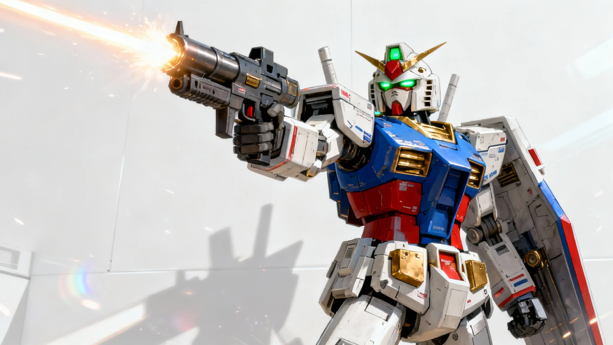 A digital illustration of a white and blue Gundam-style mecha in a heroic pose, holding a large beam rifle against a plain white background.