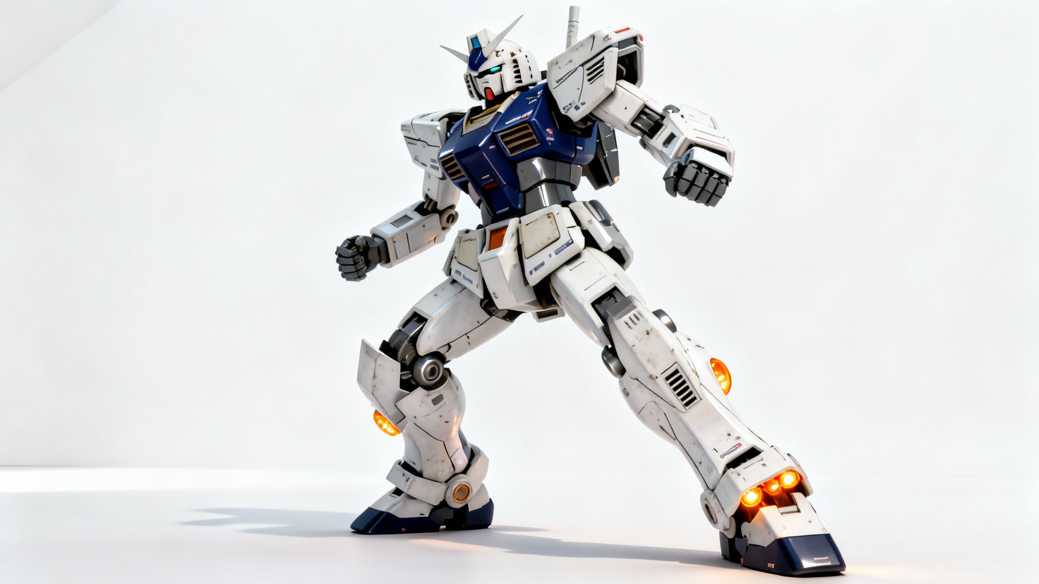 A photorealistic concept art piece of a custom Gundam-style mecha in white, blue, and grey, striking a dynamic pose against a clean white background.