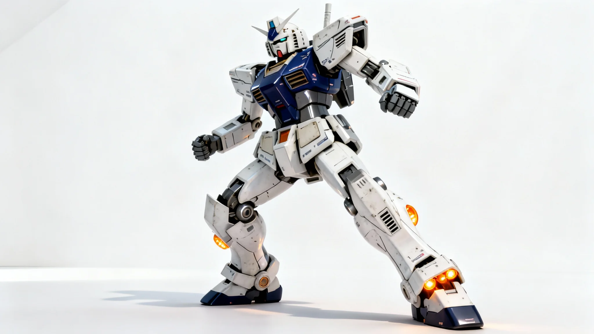 A photorealistic concept art piece of a custom Gundam-style mecha in white, blue, and grey, striking a dynamic pose against a clean white background.