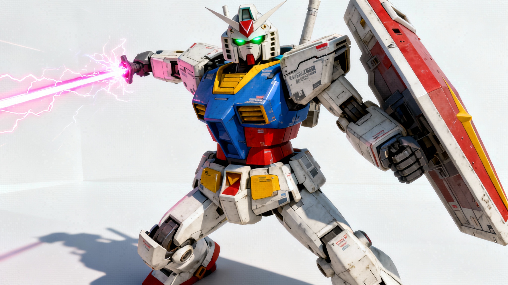 A hyper-detailed digital illustration of a Gundam mecha in a dynamic action pose, wielding a glowing beam saber against a plain white background.