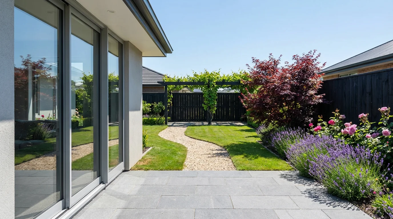 A photorealistic visualization of a designed backyard garden featuring a green lawn, a stone patio, flower beds with purple and pink flowers, a red-leafed tree, and a wooden pergola under a sunny sky.