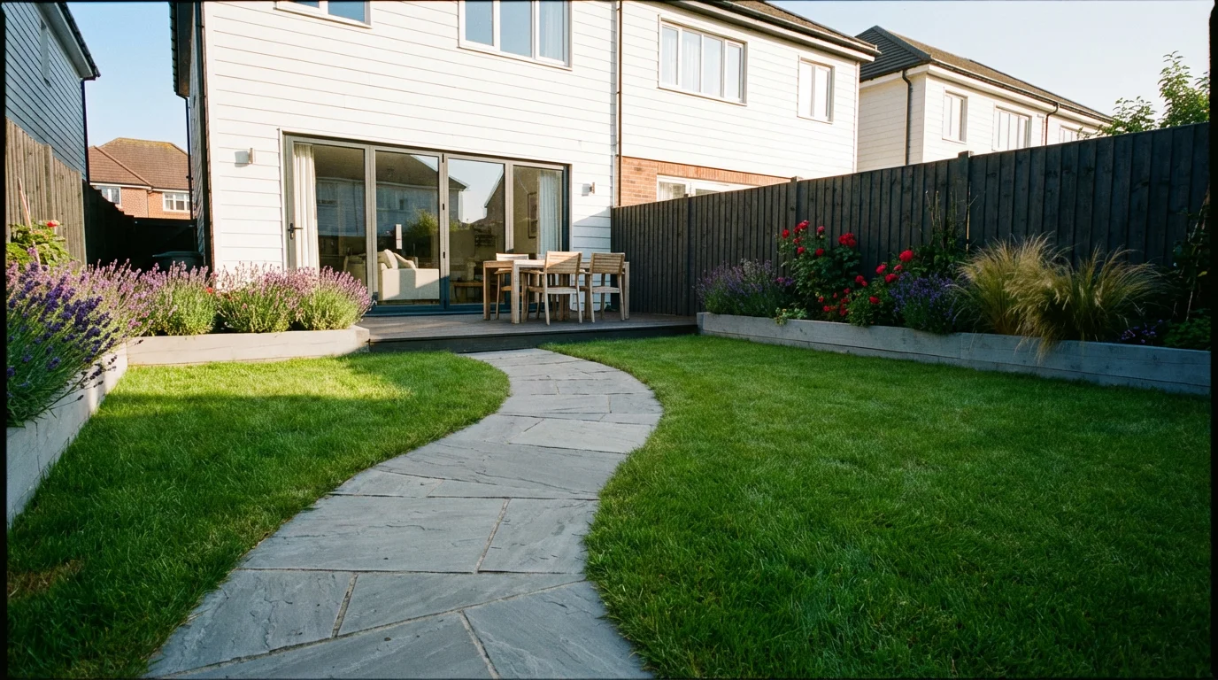 A realistic rendering of a beautifully designed modern backyard garden on a sunny day, featuring a wooden deck, stone path, green lawn, and colorful flowerbeds against a house.