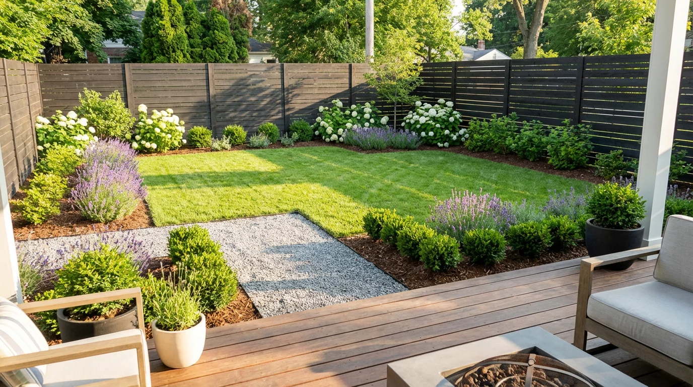 A photorealistic visualization of a modern house garden design, showing a green lawn, flowerbeds with lavender and hydrangeas, a gravel path, and a wooden deck.