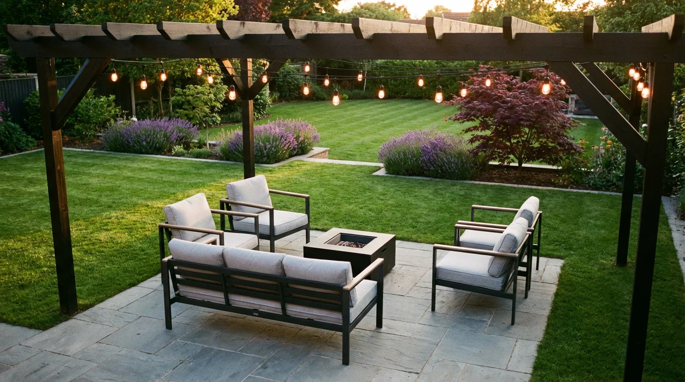 A modern backyard garden at dusk, with a furnished stone patio under a pergola with string lights, surrounded by a green lawn and flowerbeds.
