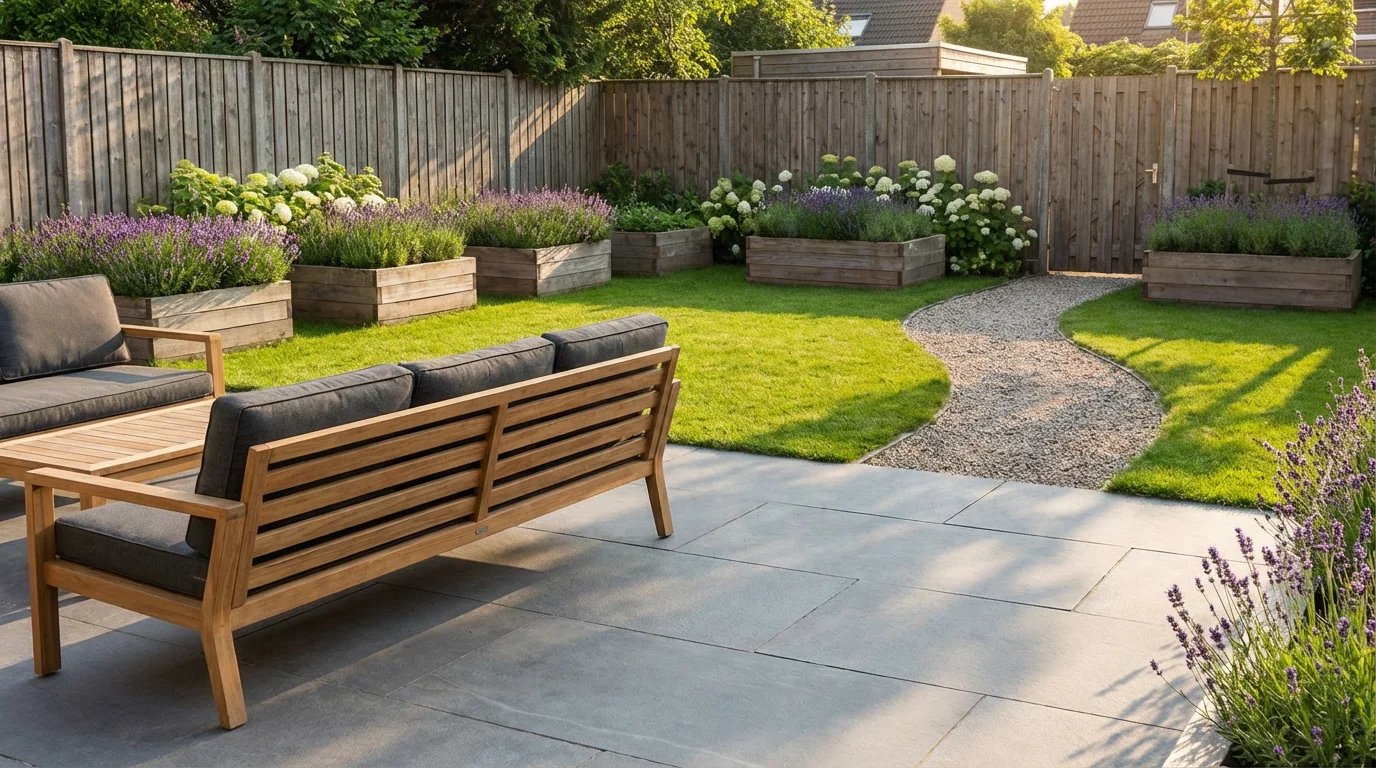 A beautifully landscaped backyard garden of a modern home, featuring a stone patio with outdoor furniture, a green lawn, and flower beds in the afternoon sun.