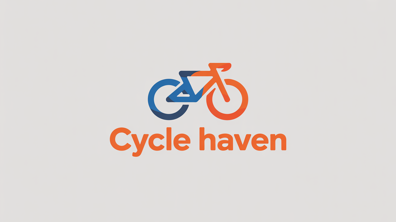 A professionally designed logo for 'Cycle Haven' bike shop, featuring a stylized bicycle with wheels forming the letters C and H, in deep blue and orange on a light grey background.
