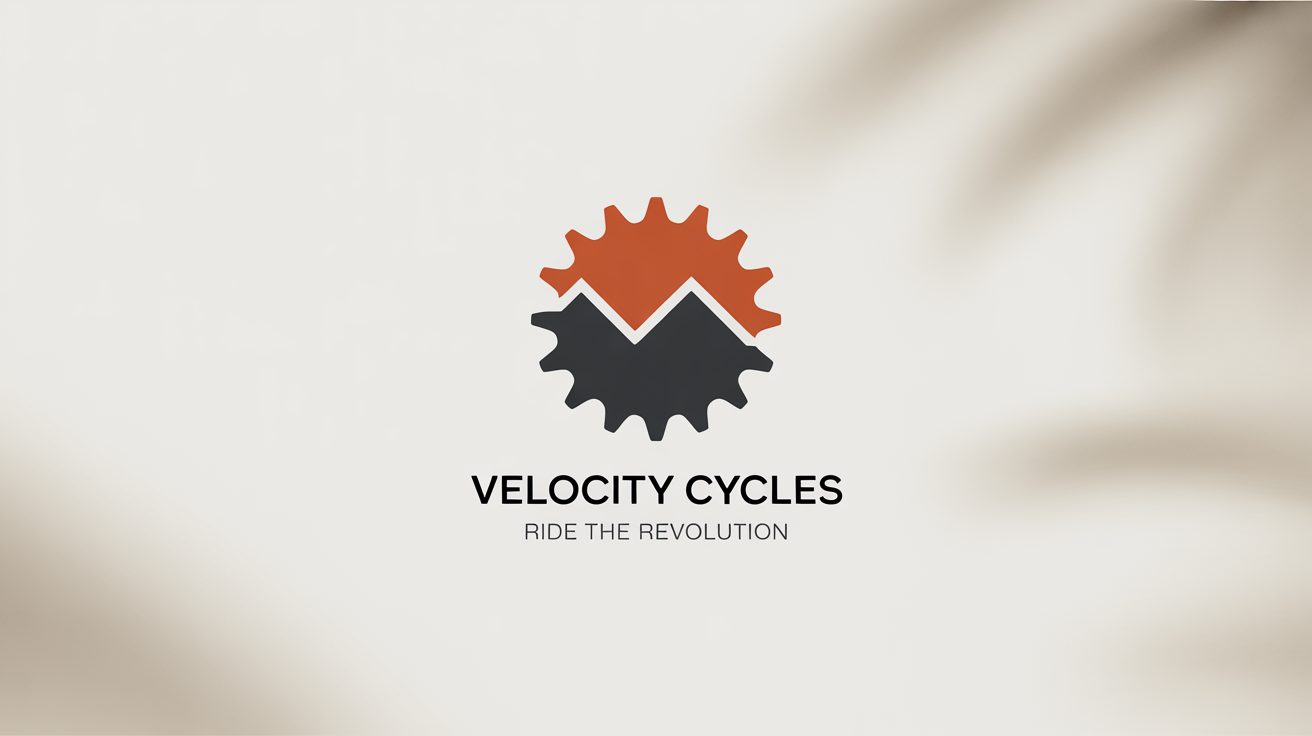 A modern logo for a bike shop called 'Velocity Cycles'. The logo combines a mountain and a bike gear in orange and gray, with the text 'Ride the Revolution' below.