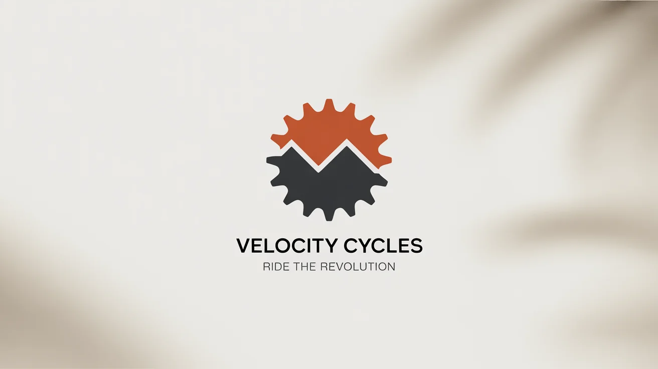 A modern logo for a bike shop called 'Velocity Cycles'. The logo combines a mountain and a bike gear in orange and gray, with the text 'Ride the Revolution' below.