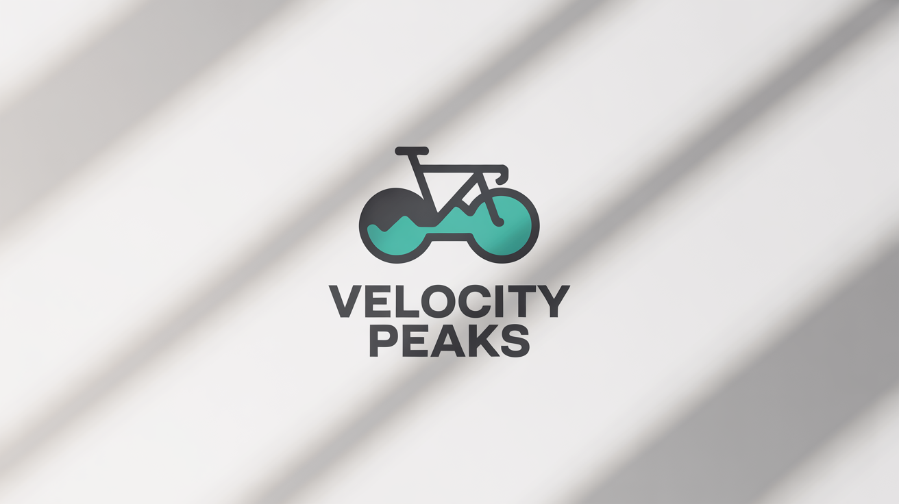 A modern logo for a bike shop called 'Velocity Peaks', featuring a stylized bicycle and mountain icon in charcoal gray and teal, displayed on a white background.