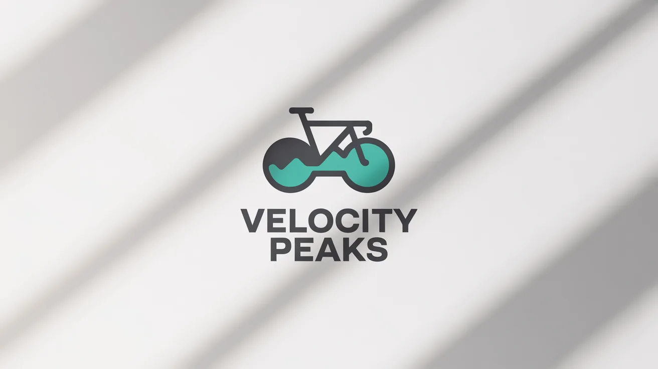 A modern logo for a bike shop called 'Velocity Peaks', featuring a stylized bicycle and mountain icon in charcoal gray and teal, displayed on a white background.