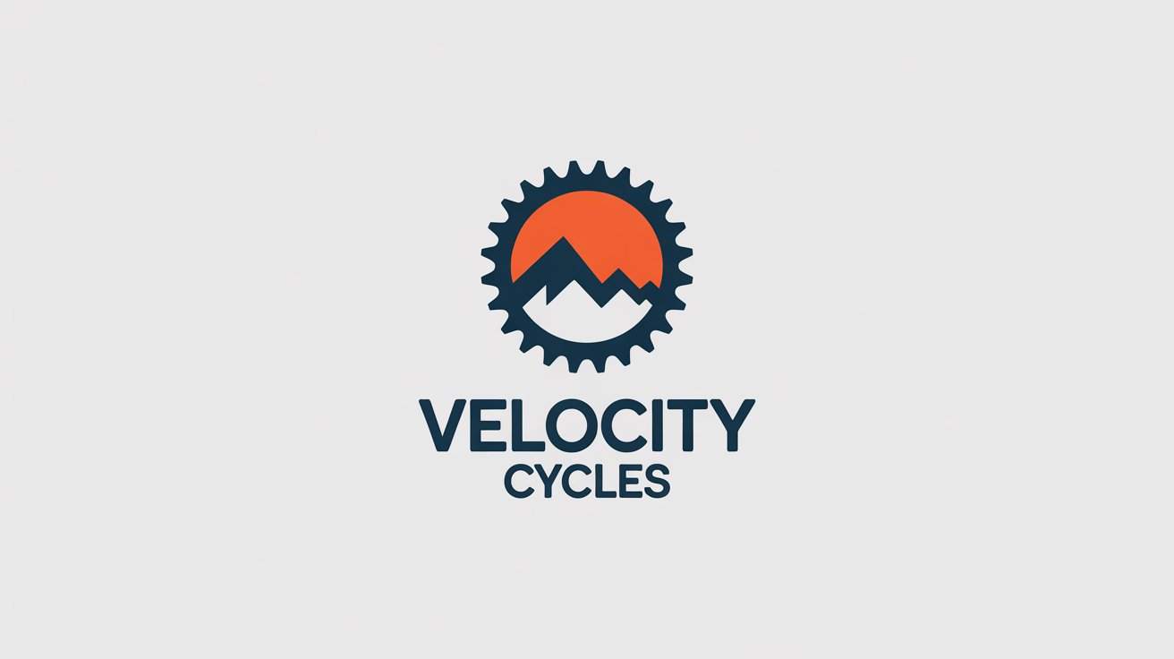 A modern logo for a bike shop called 'Velocity Cycles', featuring a circular bicycle gear with a mountain silhouette inside, displayed on a white background.