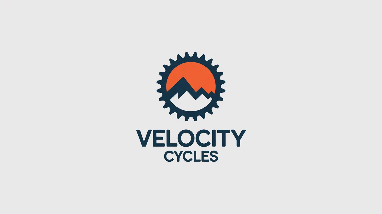 A modern logo for a bike shop called 'Velocity Cycles', featuring a circular bicycle gear with a mountain silhouette inside, displayed on a white background.