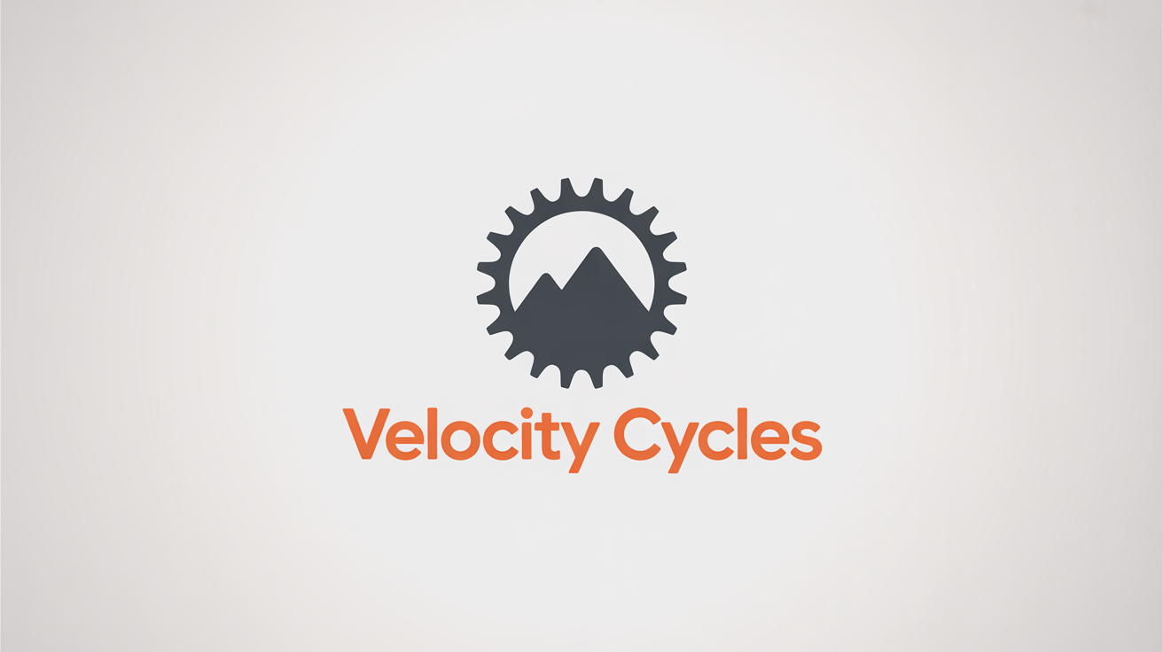 A modern, minimalist logo for a bike shop called 'Velocity Cycles', featuring a stylized gear and mountain design in orange and gray, on a clean white background.
