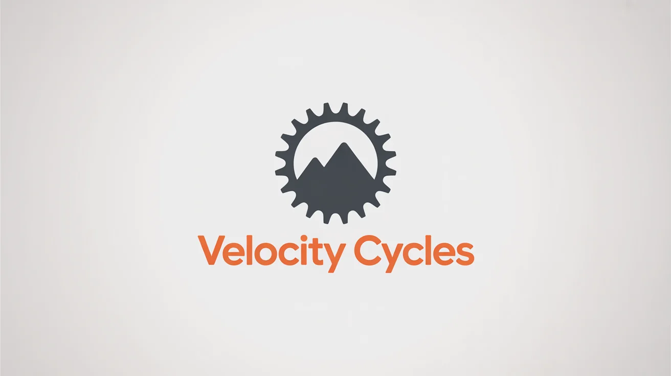 A modern, minimalist logo for a bike shop called 'Velocity Cycles', featuring a stylized gear and mountain design in orange and gray, on a clean white background.