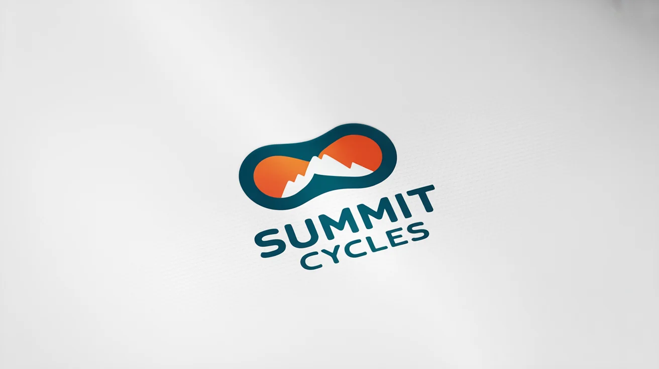 A modern and minimalist logo for a bike shop named 'Summit Cycles', featuring a teal and orange icon of a chain link and a mountain peak on a white background.