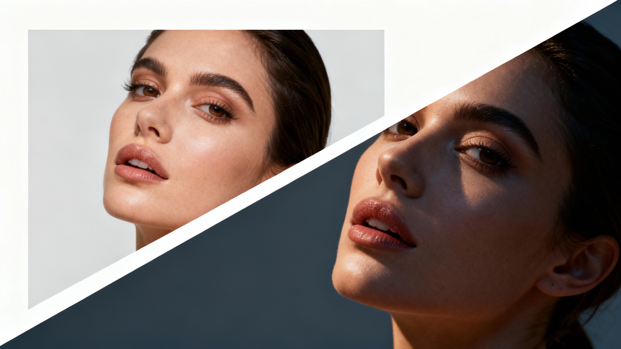 A before-and-after hero image showing the result of a border removal tool. The left side shows a portrait with a thick white border, and the right side shows the same portrait with the border removed, looking clean and modern.